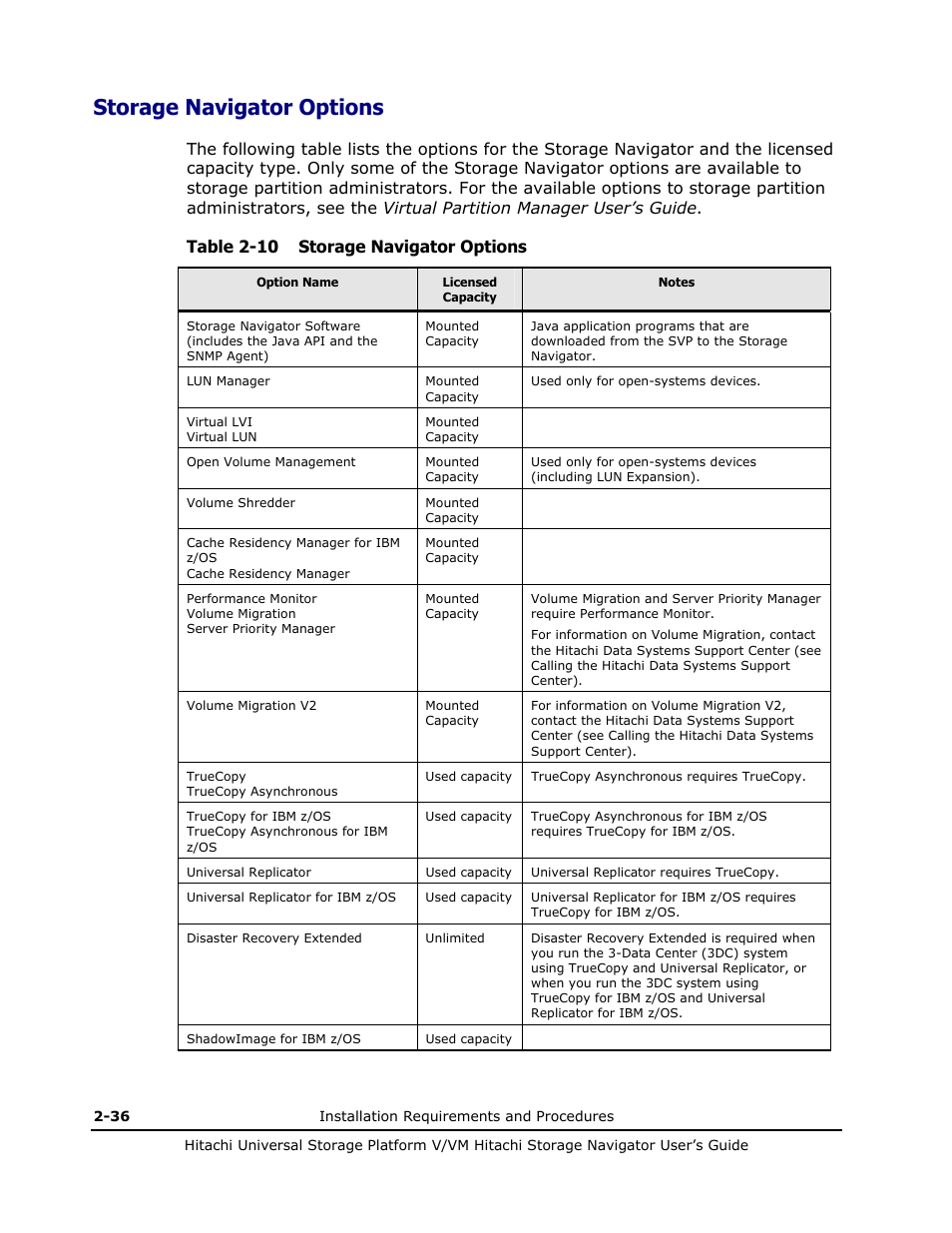 Storage navigator options, Storage navigator options -36, Base validator option in storage navigator options | Table 2-10 storage navigator options | Hitachi MK-96RD621-08 User Manual | Page 64 / 188