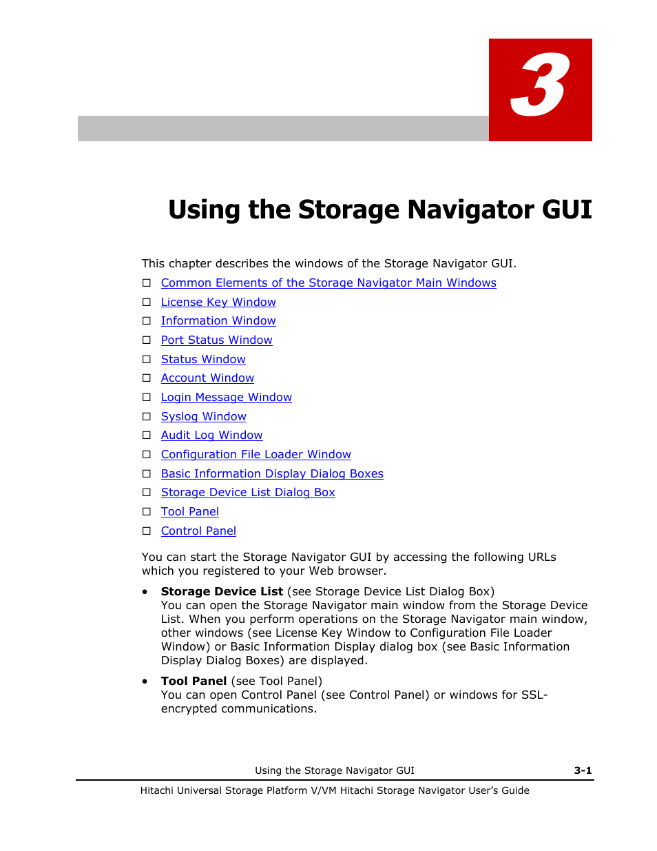 Using the storage navigator gui, Using the storage navigator gui -1, Chapter 3 - using the storage navigator gui | Hitachi MK-96RD621-08 User Manual | Page 67 / 188