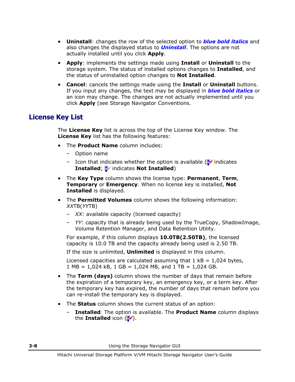 License key list, License key list -8 | Hitachi MK-96RD621-08 User Manual | Page 74 / 188