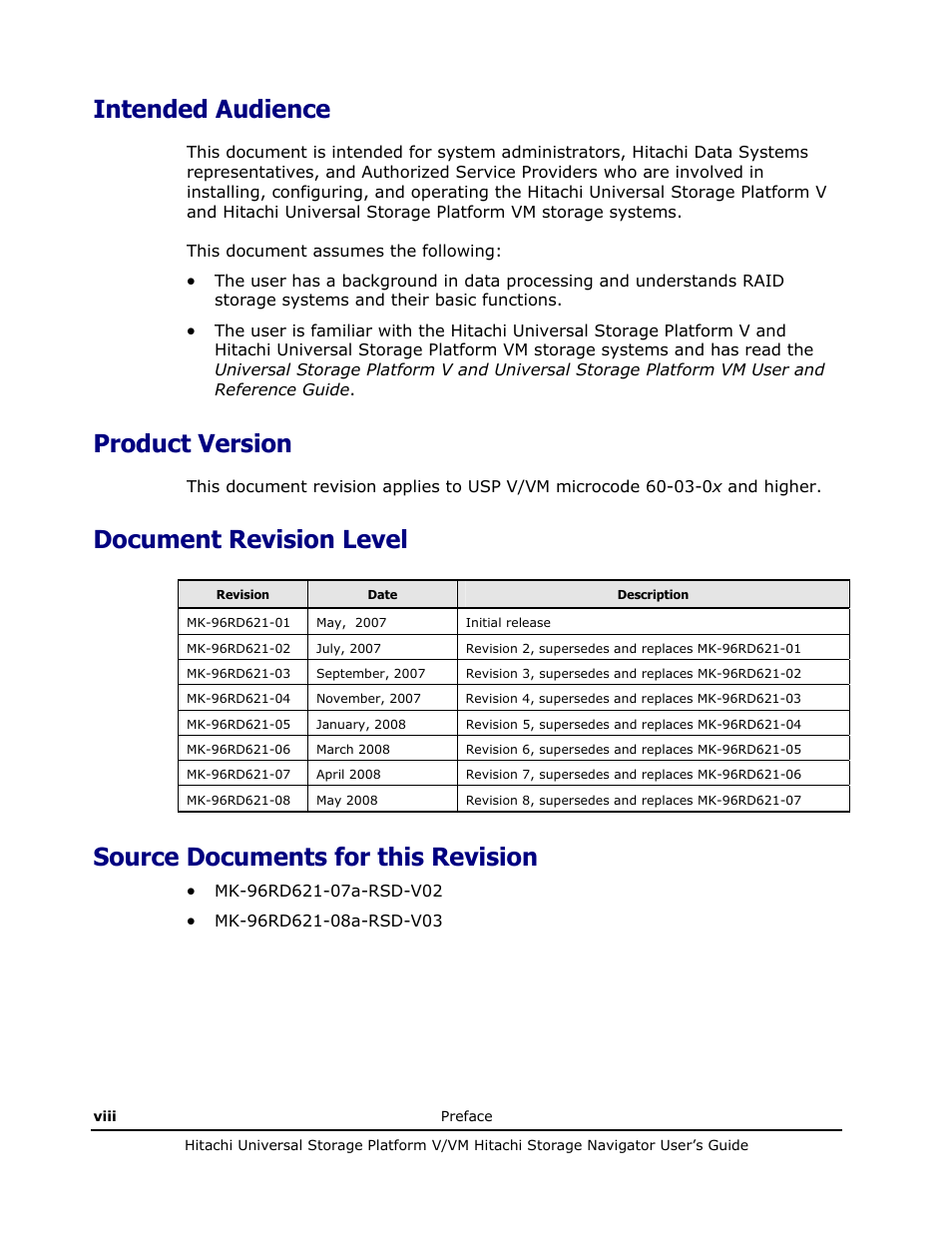 Product version, Intended audience, Document revision level | Source documents for this revision | Hitachi MK-96RD621-08 User Manual | Page 8 / 188