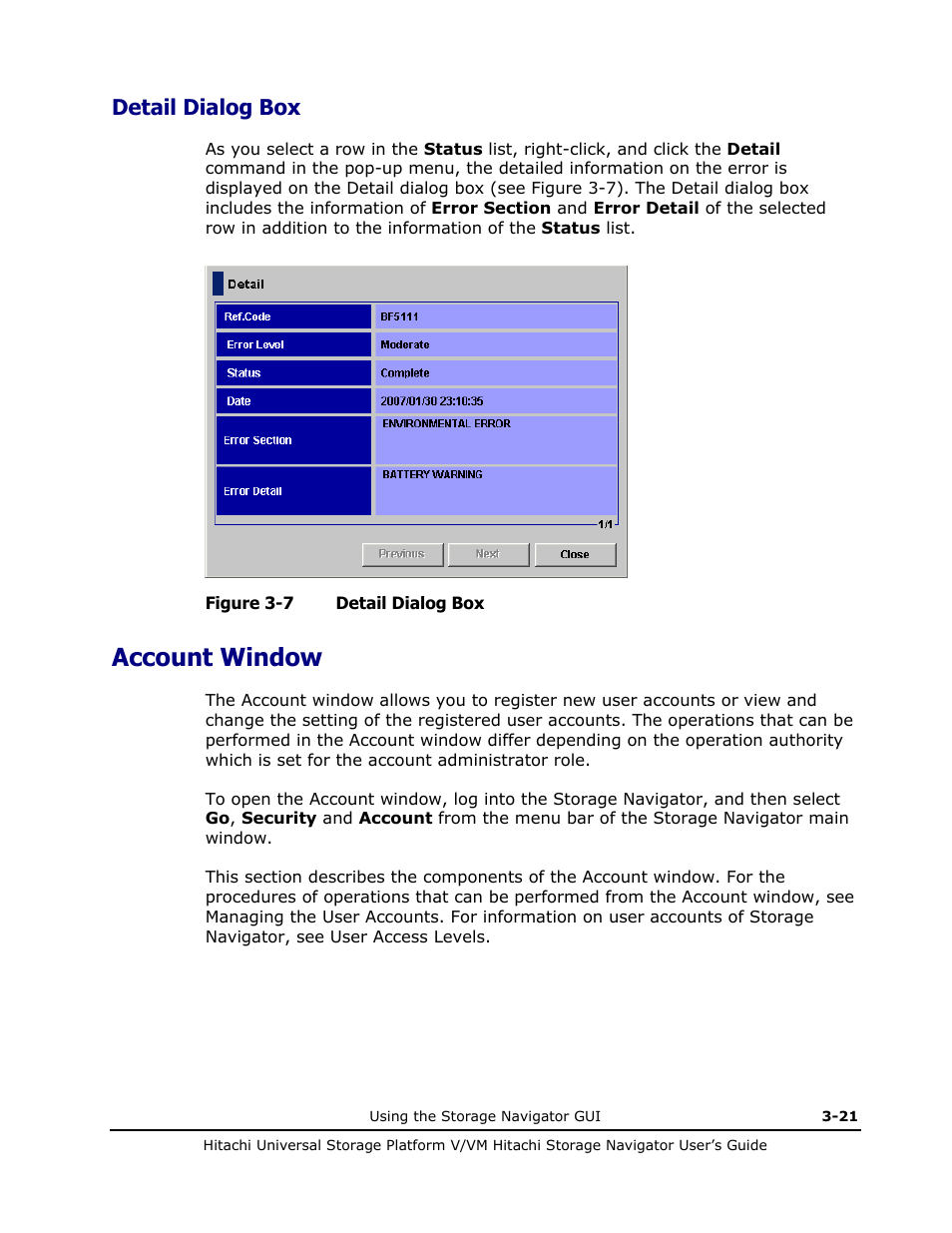 Detail dialog box, Account window, Detail dialog box -21 | Account window -21 | Hitachi MK-96RD621-08 User Manual | Page 87 / 188