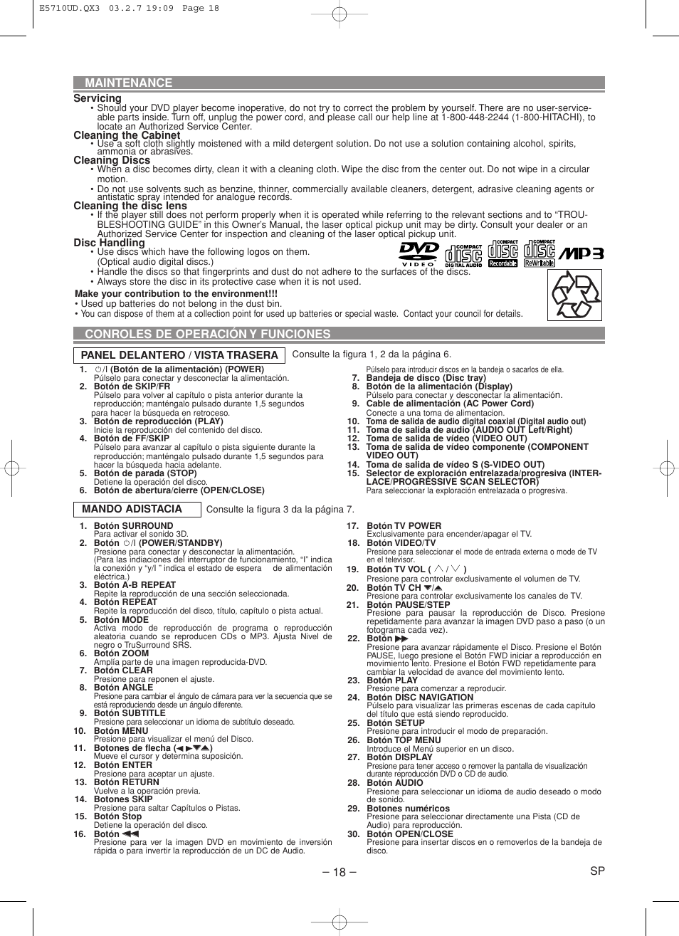 Conroles de operación y funciones, Maintenance | Hitachi DVP735U User Manual | Page 18 / 20