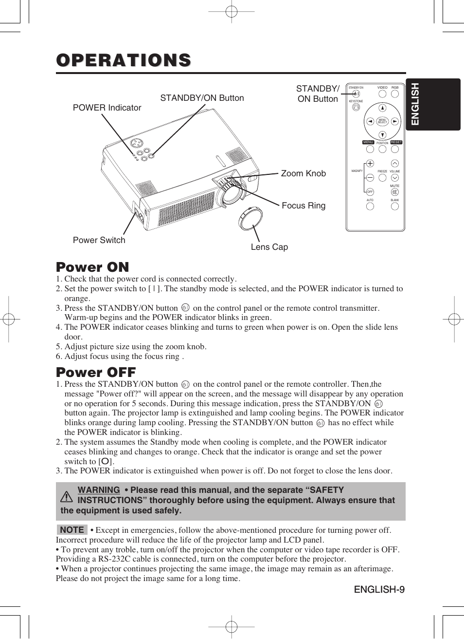 Operations, Power on, Power off | English-9 english english-9 | Hitachi CP-S370W User Manual | Page 10 / 39