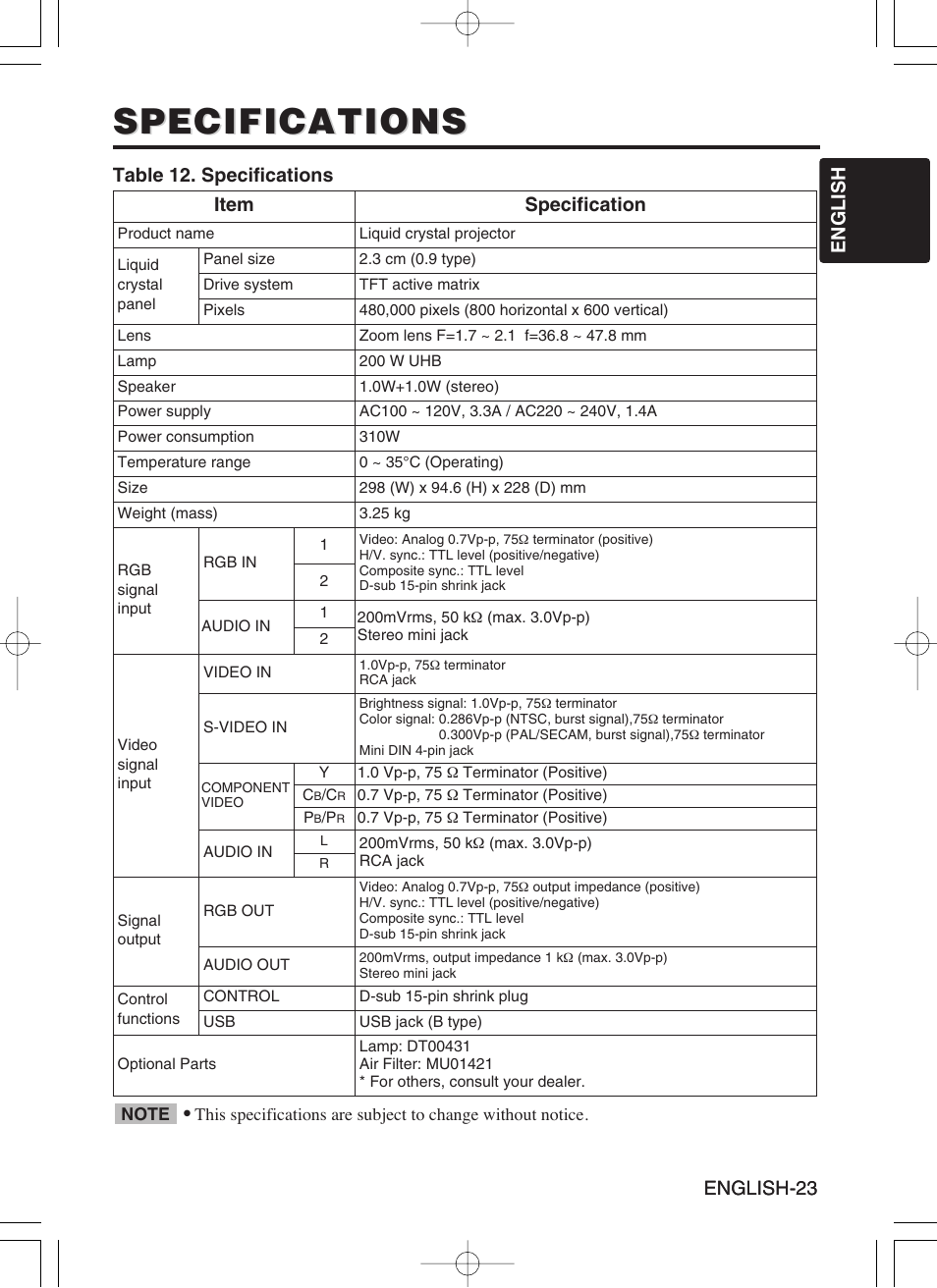 Specifications, English-23 english english-23, Table 12. specifications | Item specification | Hitachi CP-S370W User Manual | Page 24 / 39