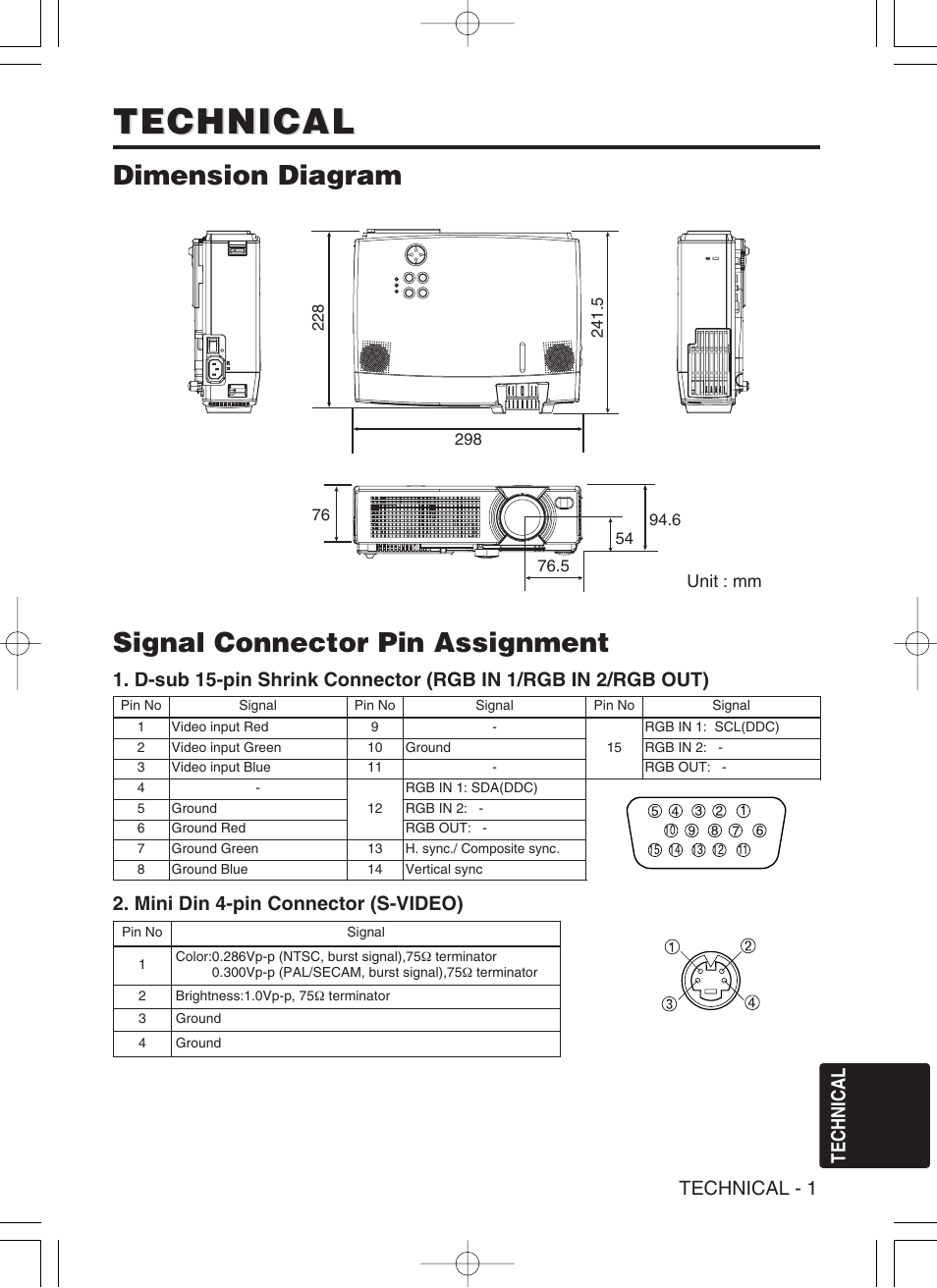 Technical, Dimension diagram, Signal connector pin assignment | Technical - 1, Mini din 4-pin connector (s-video) | Hitachi CP-S370W User Manual | Page 26 / 39