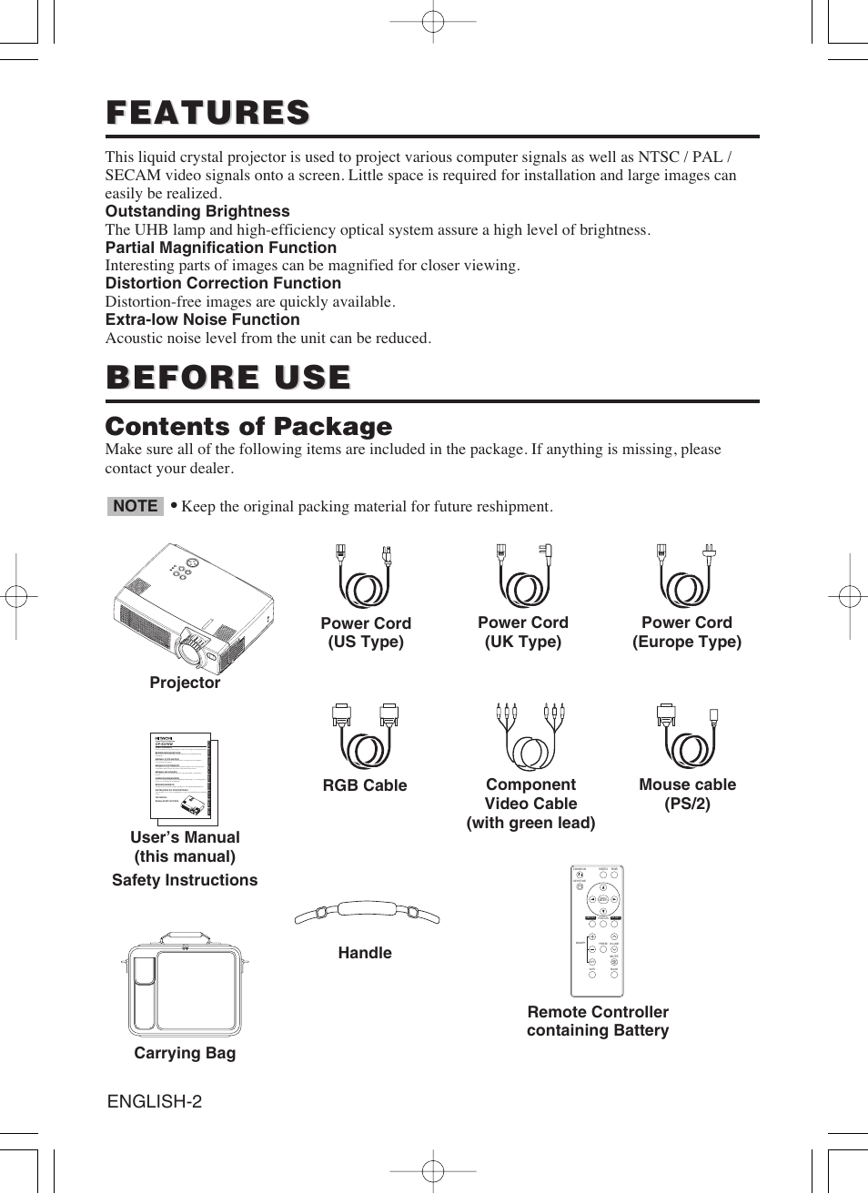 Features, Before use, Contents of package | English-2, Remote controller containing battery | Hitachi CP-S370W User Manual | Page 3 / 39