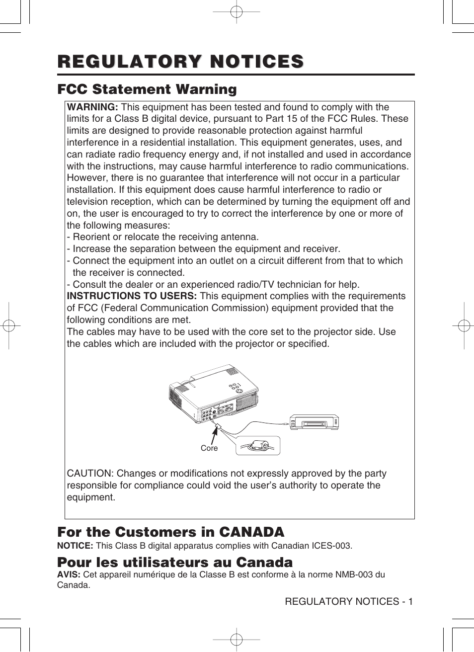 Regulatory notices, Fcc statement warning for the customers in canada, Pour les utilisateurs au canada | Hitachi CP-S370W User Manual | Page 38 / 39