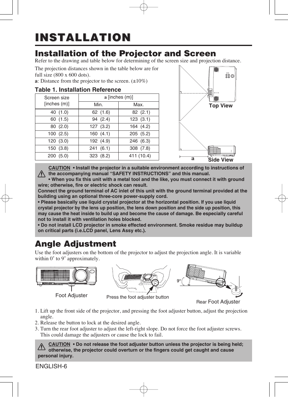 Installation, Installation of the projector and screen, Angle adjustment | Hitachi CP-S370W User Manual | Page 7 / 39