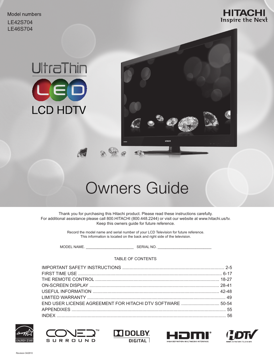 Hitachi LE46S704 User Manual | 60 pages