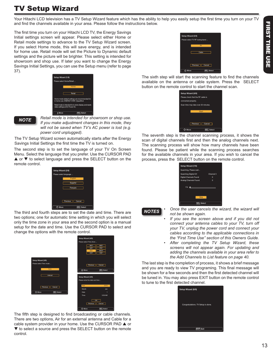 Tv setup wizard, First time use 13 | Hitachi LE46S704 User Manual | Page 13 / 60