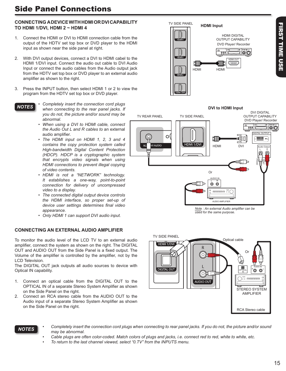 Side panel connections, First time use 15 | Hitachi LE46S704 User Manual | Page 15 / 60