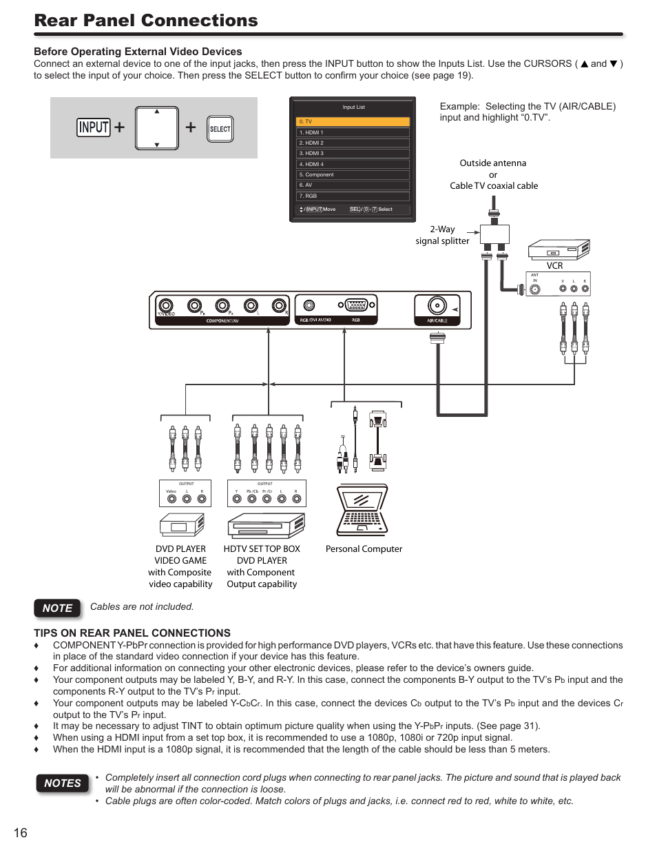 Rear panel connections | Hitachi LE46S704 User Manual | Page 16 / 60