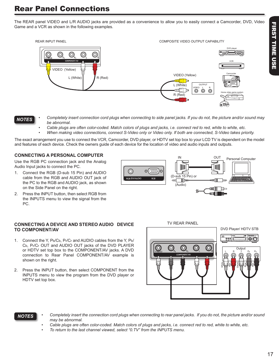 Rear panel connections, First time use 17 | Hitachi LE46S704 User Manual | Page 17 / 60