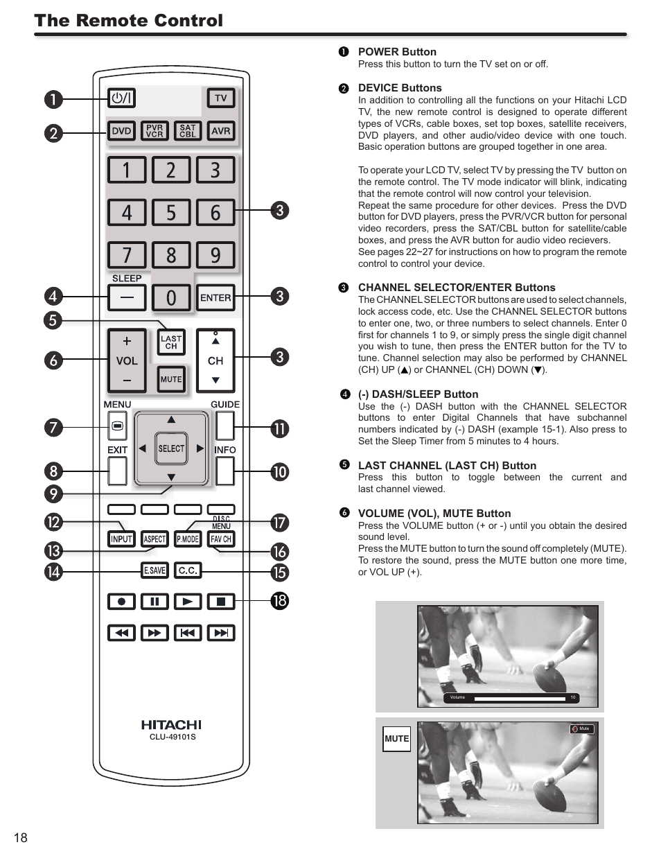 The remote control | Hitachi LE46S704 User Manual | Page 18 / 60