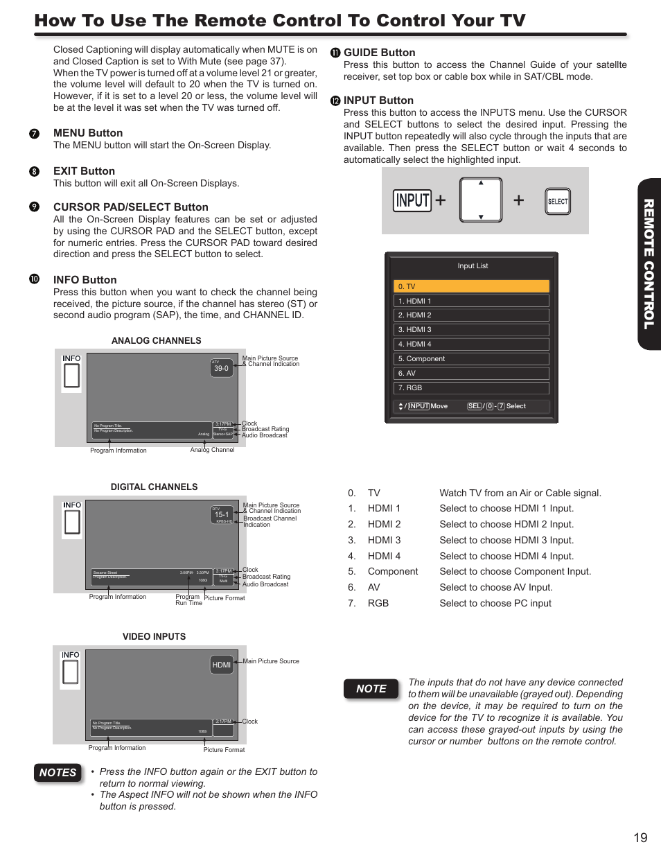 How to use the remote control to control your tv, 19 remo te contr ol, Menu button | Exit button, Cursor pad/select button, Info button, Input button | Hitachi LE46S704 User Manual | Page 19 / 60