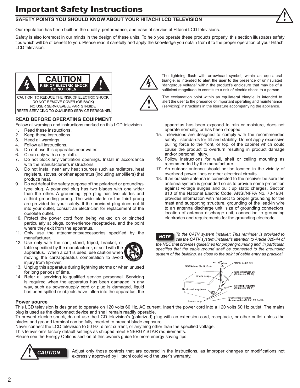 Important safety instructions | Hitachi LE46S704 User Manual | Page 2 / 60