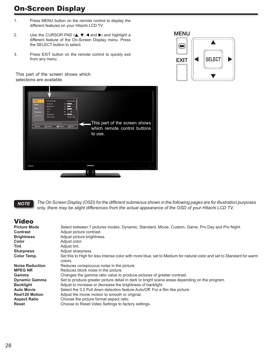 On-screen display, Video | Hitachi LE46S704 User Manual | Page 28 / 60