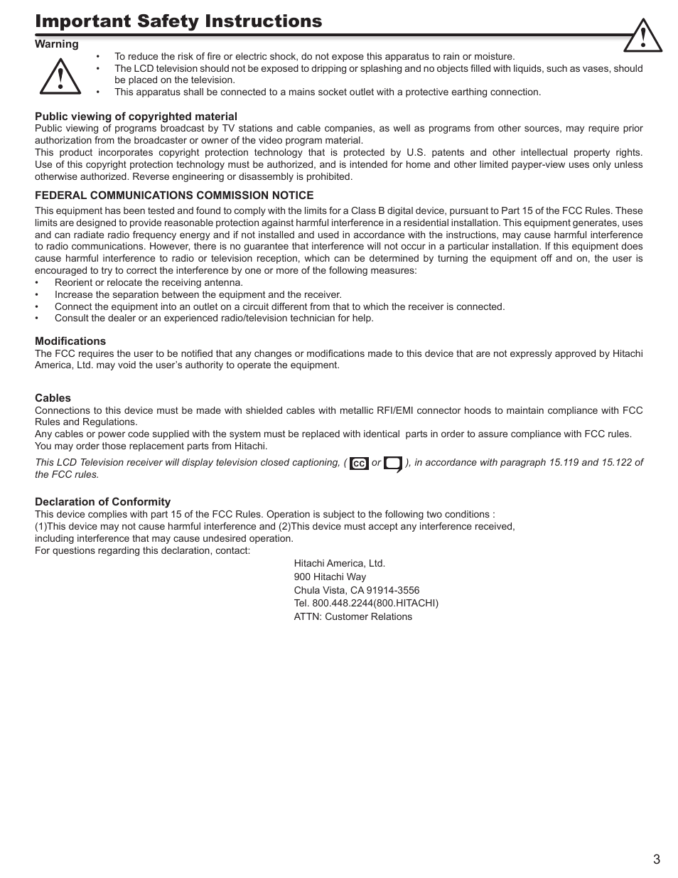 Important safety instructions | Hitachi LE46S704 User Manual | Page 3 / 60