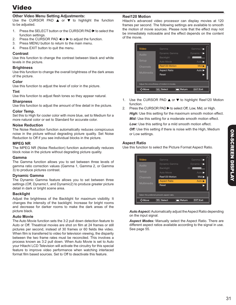 Video, 31 on-screen displa y | Hitachi LE46S704 User Manual | Page 31 / 60