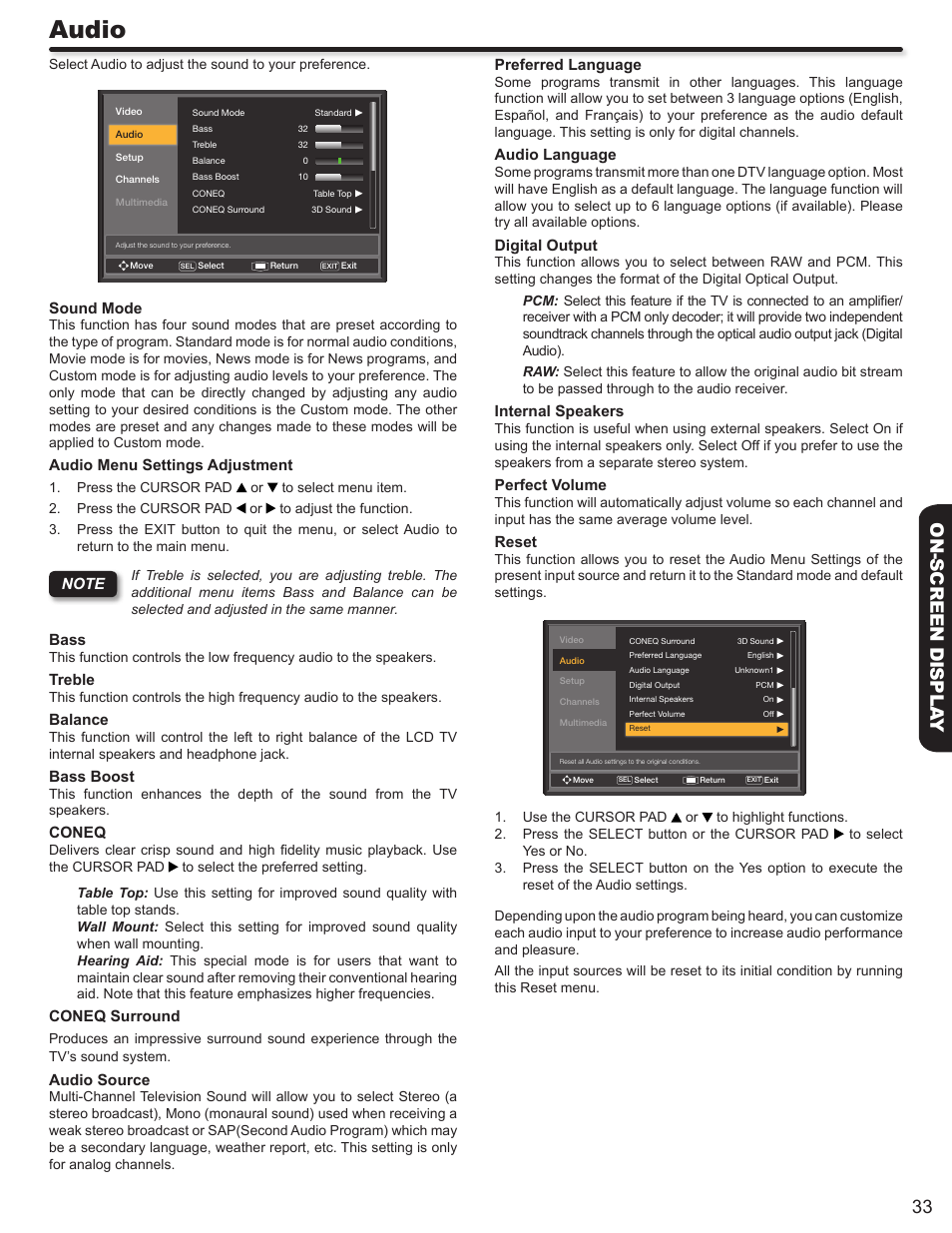 Audio, 33 on-screen displa y | Hitachi LE46S704 User Manual | Page 33 / 60