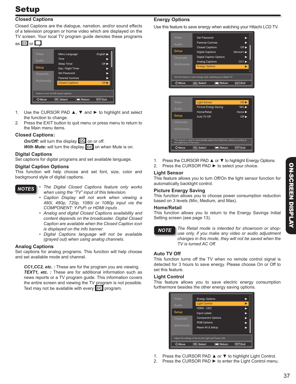 Setup, 37 on-screen displa y, Closed captions | Digital captions, Digital caption options, Analog captions, Energy options, Light sensor, Picture energy saving, Home/retail | Hitachi LE46S704 User Manual | Page 37 / 60