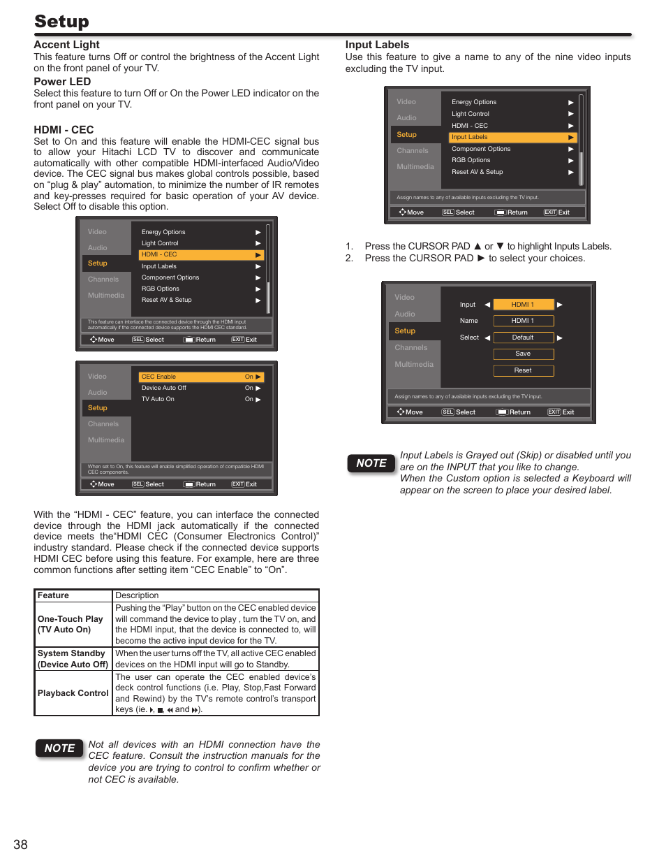 Setup, Accent light, Power led | Hdmi - cec, Input labels | Hitachi LE46S704 User Manual | Page 38 / 60
