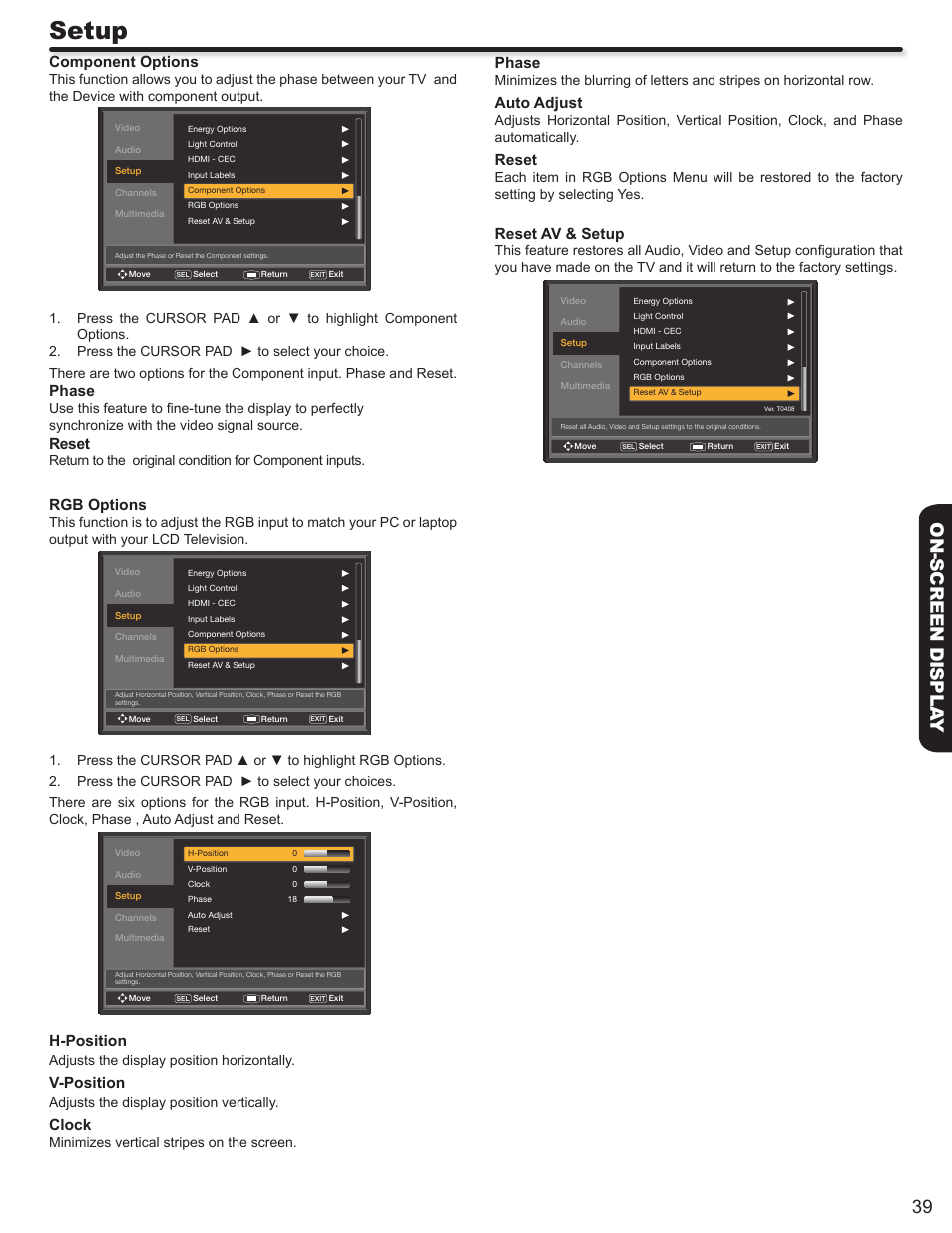 Setup, 39 on-screen displa y, Component options | Phase, Reset, Rgb options, H-position, V-position, Clock, Auto adjust | Hitachi LE46S704 User Manual | Page 39 / 60