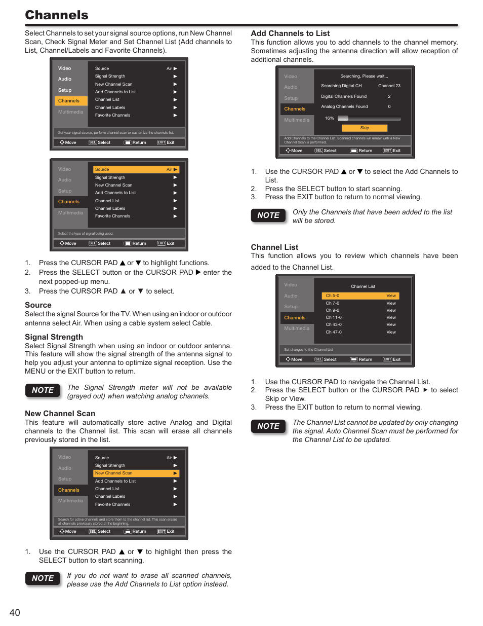 Channels, Source, Signal strength | New channel scan, Channel list | Hitachi LE46S704 User Manual | Page 40 / 60