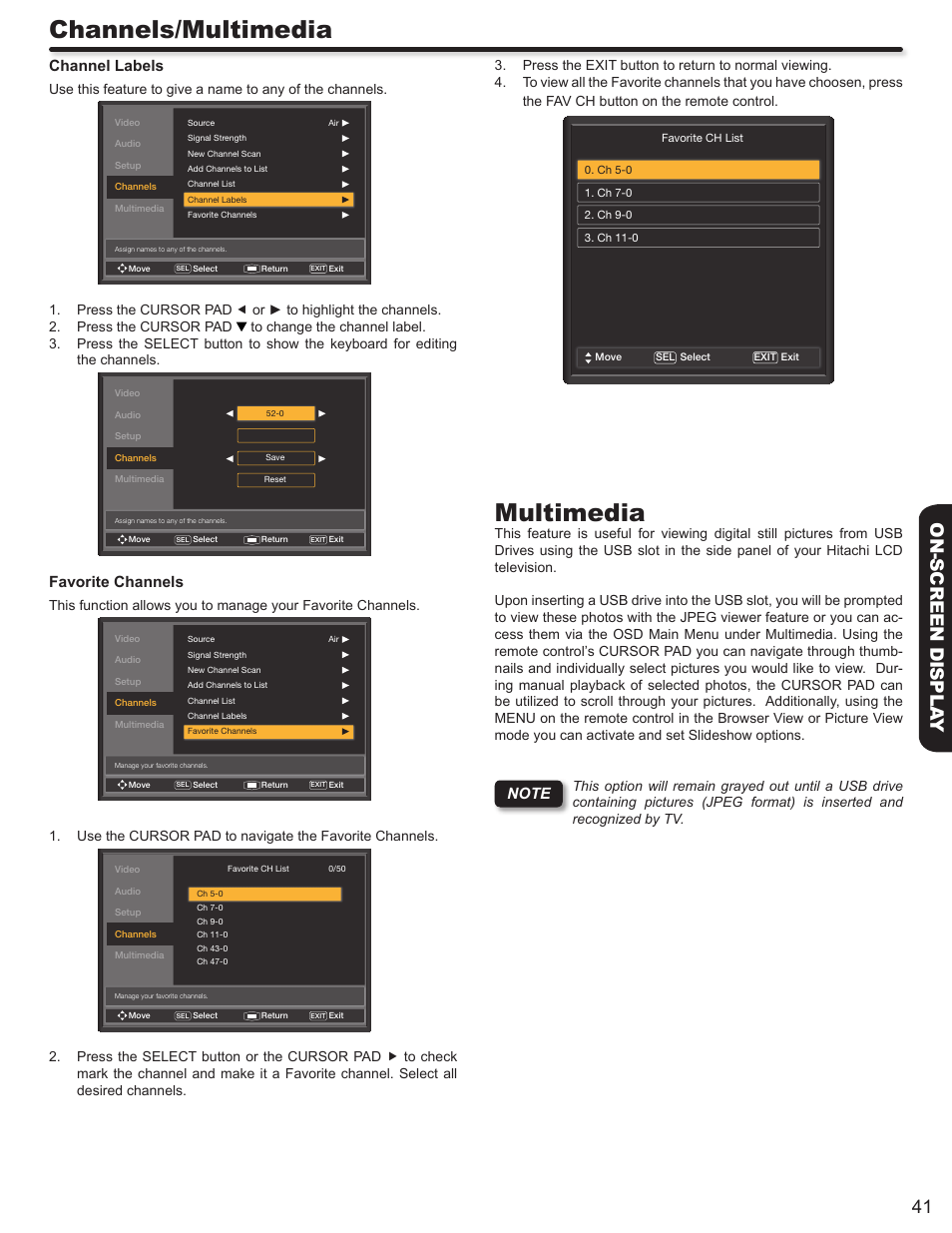 Channels/multimedia, Multimedia, 41 on-screen displa y | Channel labels, Favorite channels | Hitachi LE46S704 User Manual | Page 41 / 60