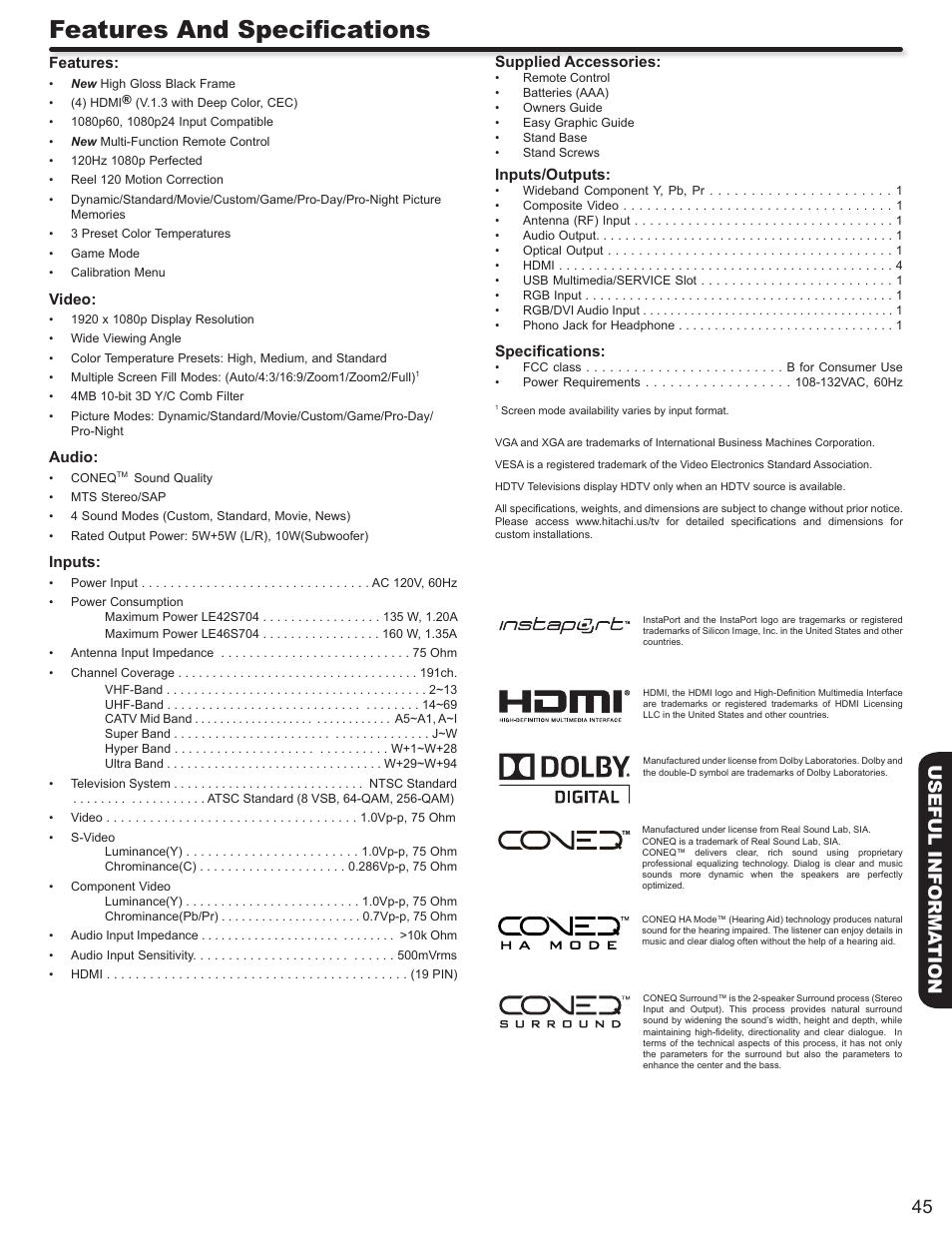 Features and specifications, 45 useful informa tion | Hitachi LE46S704 User Manual | Page 45 / 60