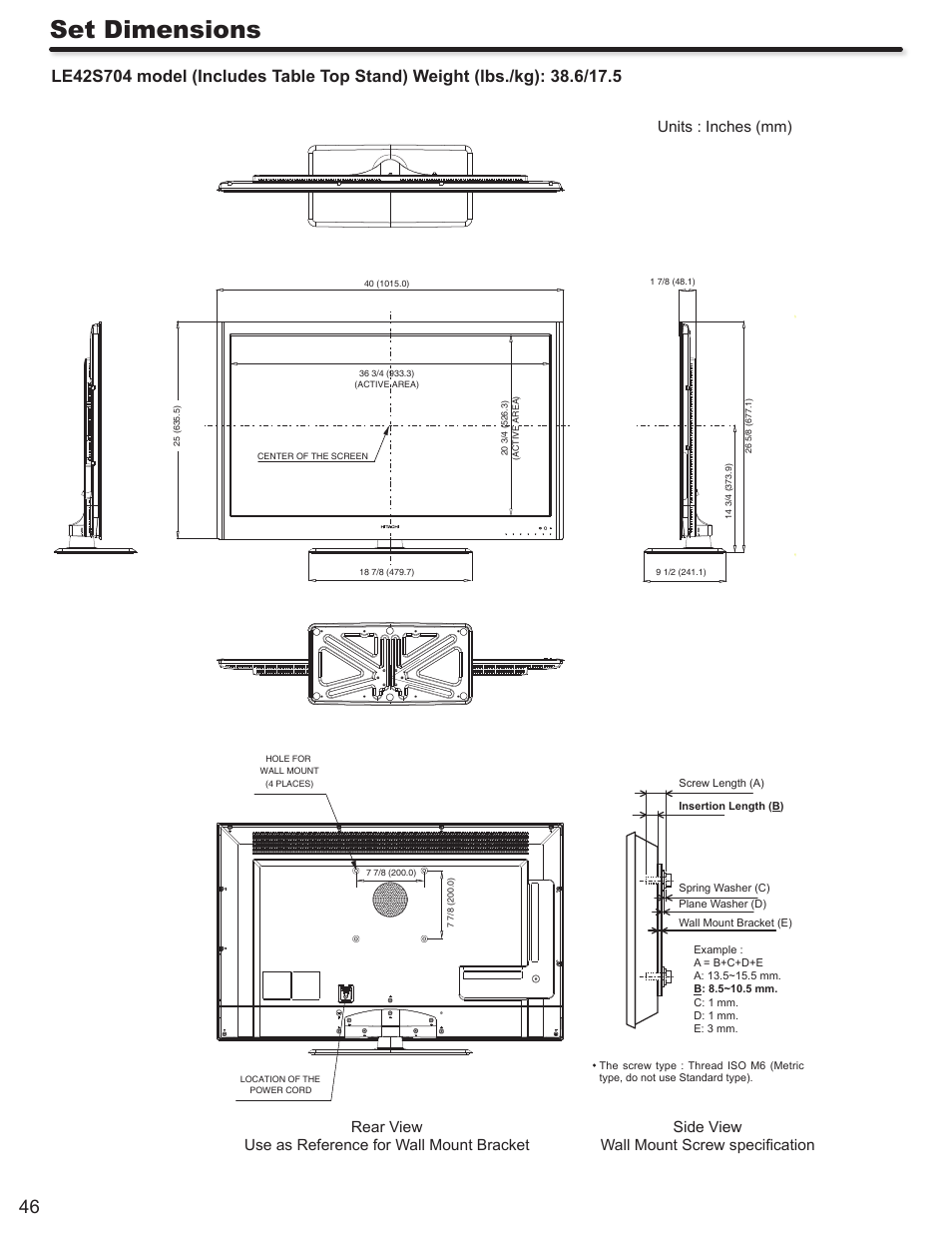 Set dimensions, Side view wall mount screw speciﬁcation | Hitachi LE46S704 User Manual | Page 46 / 60