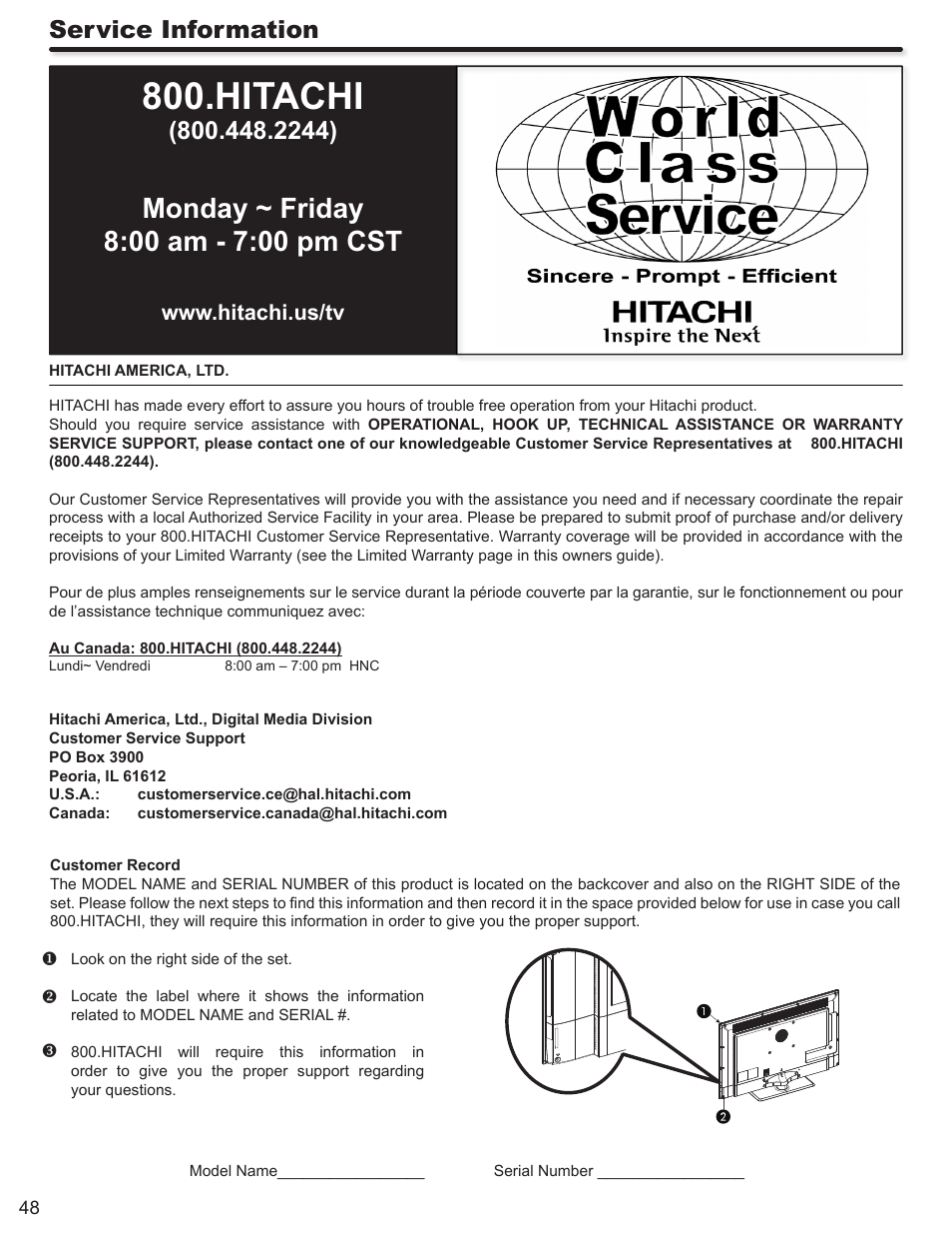 Hitachi, Service information | Hitachi LE46S704 User Manual | Page 48 / 60