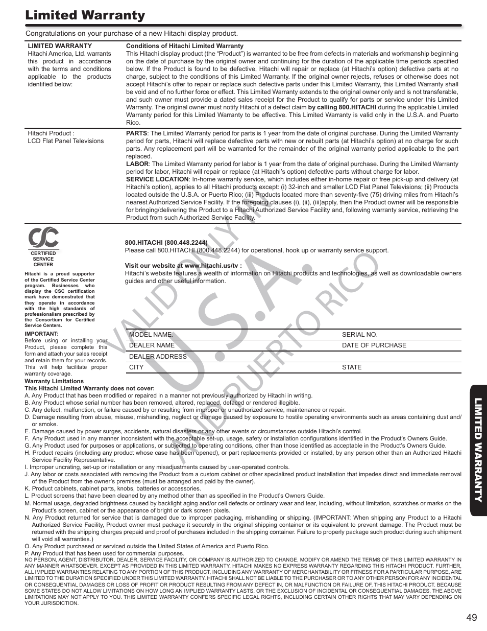 U.s.a, Valid onl y in, And puerto rico | Limited warranty | Hitachi LE46S704 User Manual | Page 49 / 60