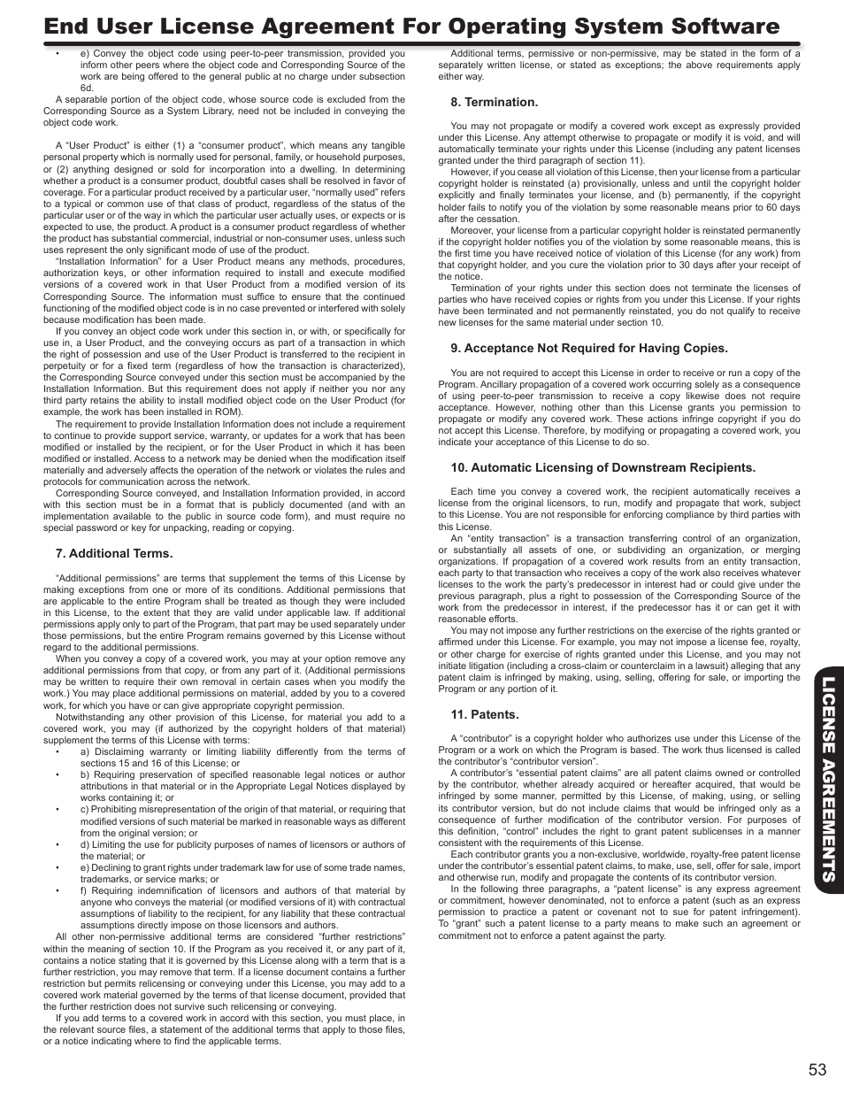 53 license a greements, Additional terms, Termination | Acceptance not required for having copies, Automatic licensing of downstream recipients, Patents | Hitachi LE46S704 User Manual | Page 53 / 60