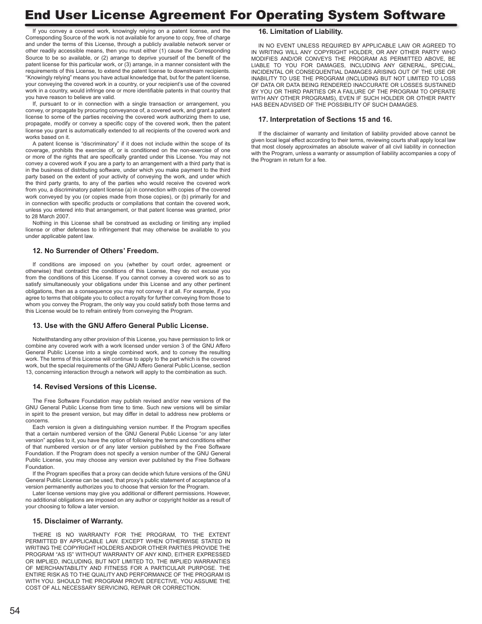 No surrender of others’ freedom, Use with the gnu affero general public license, Revised versions of this license | Disclaimer of warranty, Limitation of liability | Hitachi LE46S704 User Manual | Page 54 / 60