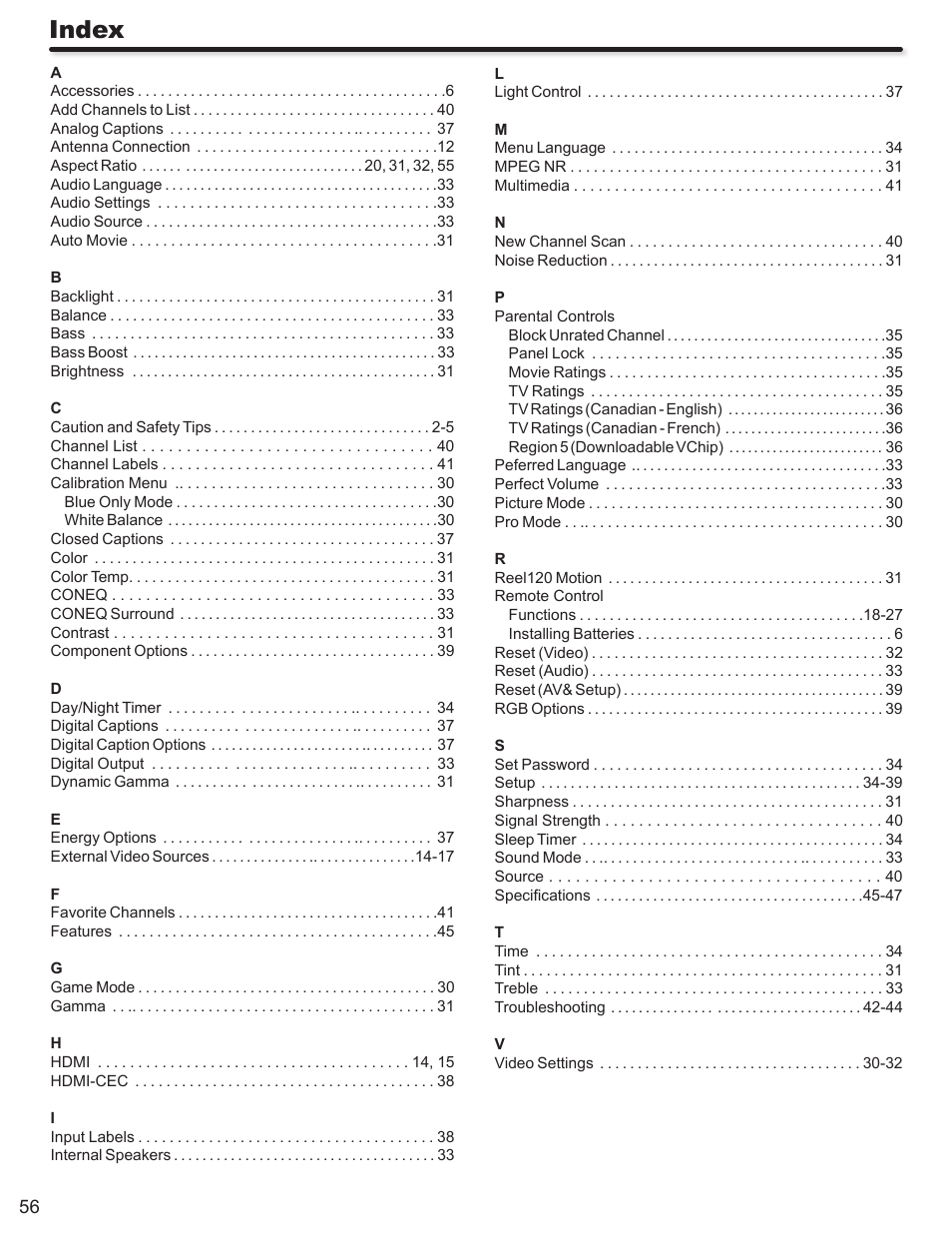 Index | Hitachi LE46S704 User Manual | Page 56 / 60