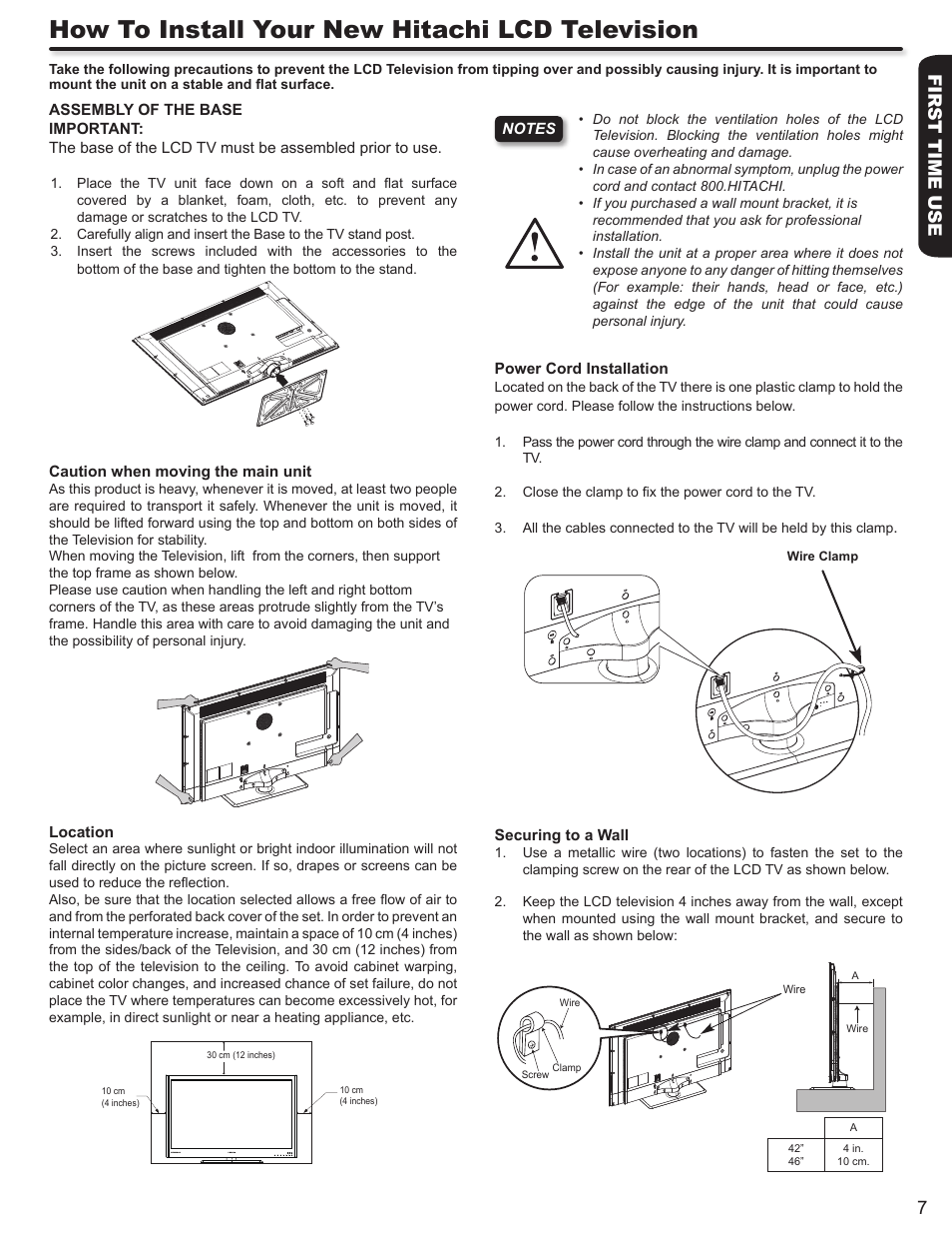 How to install your new hitachi lcd television, First time use 7 | Hitachi LE46S704 User Manual | Page 7 / 60