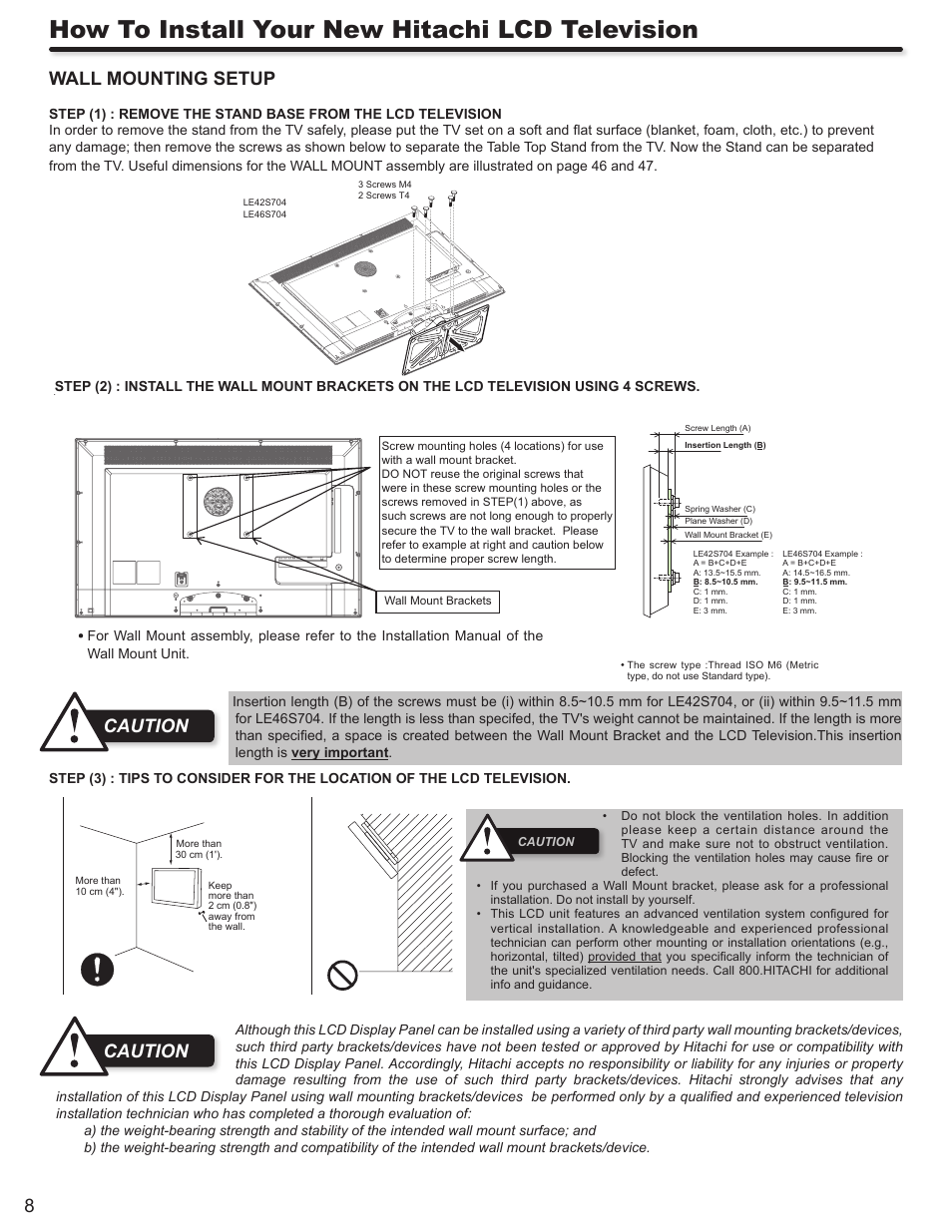 How to install your new hitachi lcd television, Wall mounting setup, Caution | Hitachi LE46S704 User Manual | Page 8 / 60