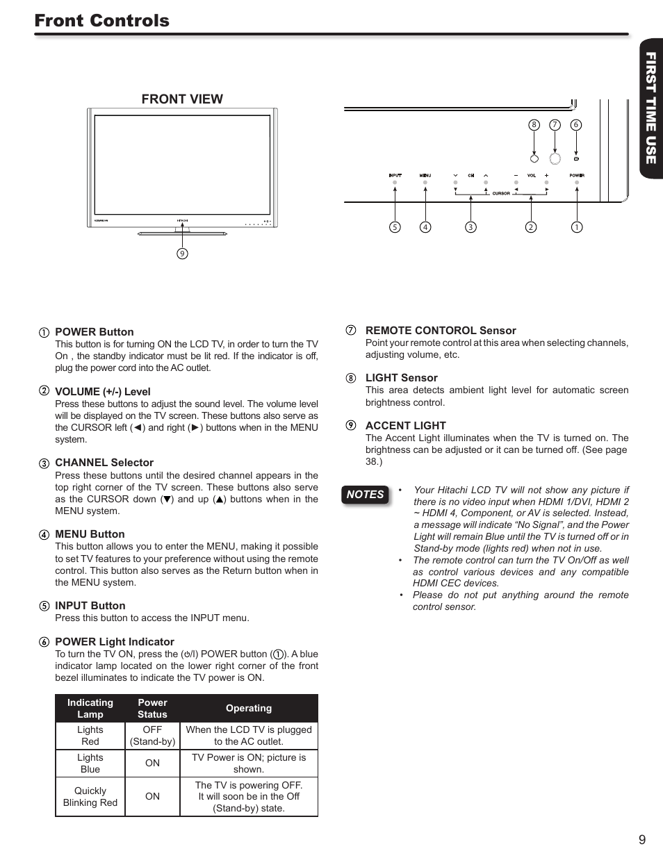 Front controls, First time use 9, Front view | Hitachi LE46S704 User Manual | Page 9 / 60