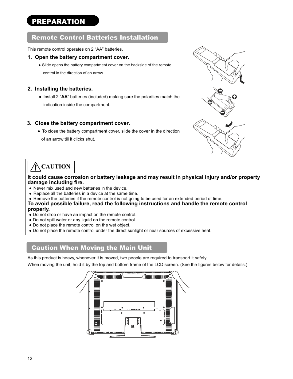 Preparation, Remote control batteries installation, Caution when moving the main unit | Caution | Hitachi 26LD9000TA User Manual | Page 12 / 41