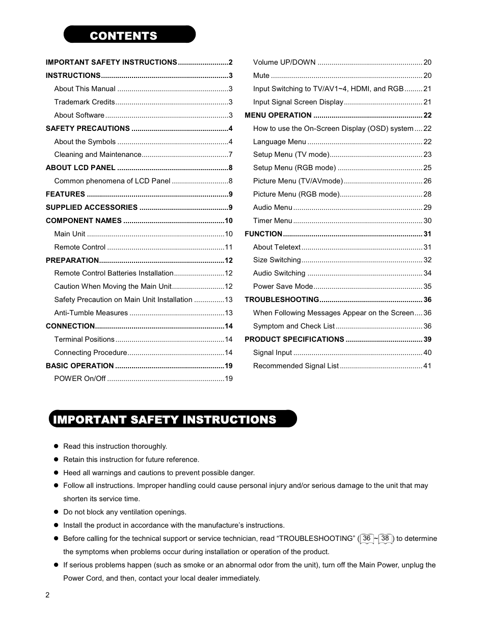 Hitachi 26LD9000TA User Manual | Page 2 / 41