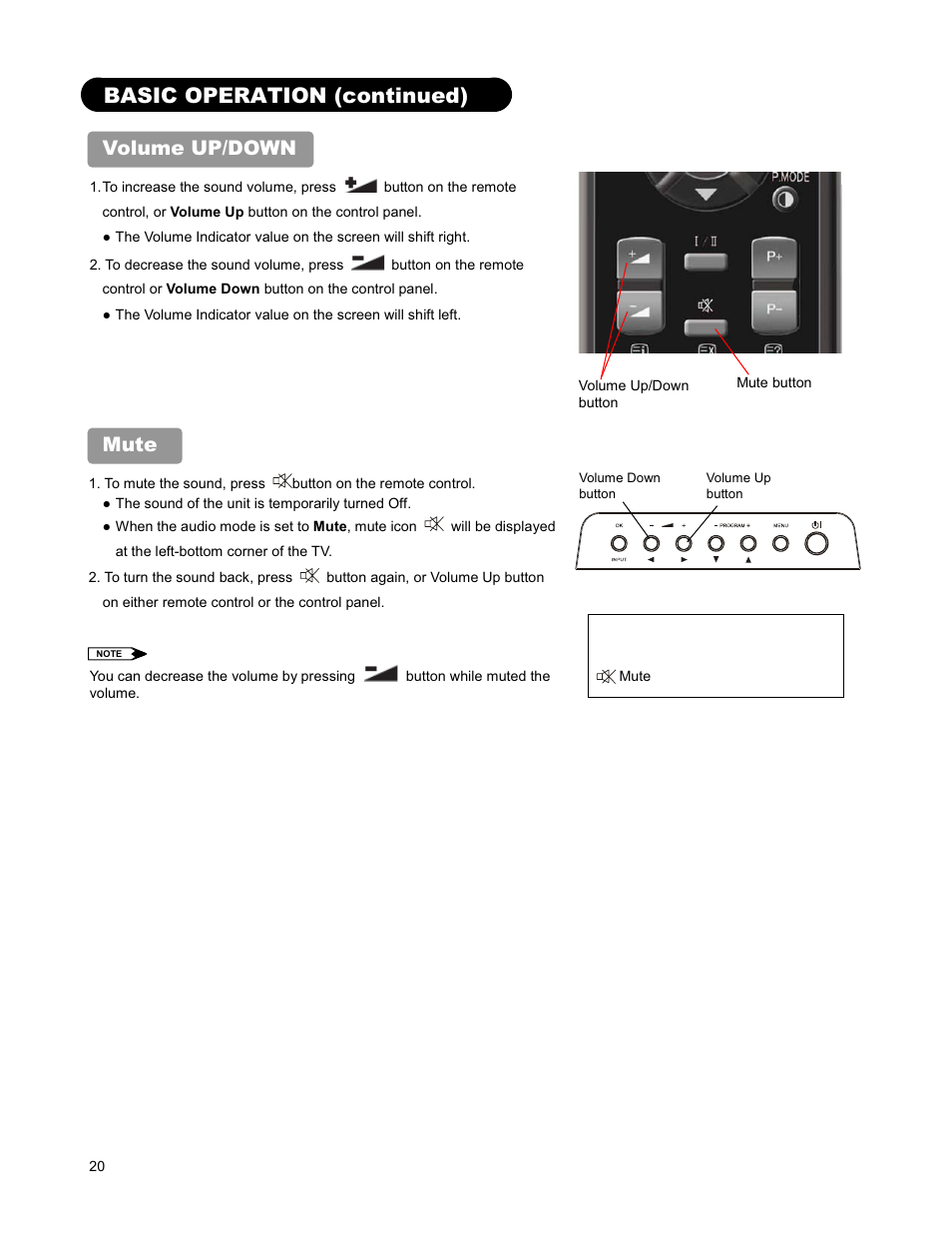 Basic operation (continued), Volume up/down, Mute | Hitachi 26LD9000TA User Manual | Page 20 / 41