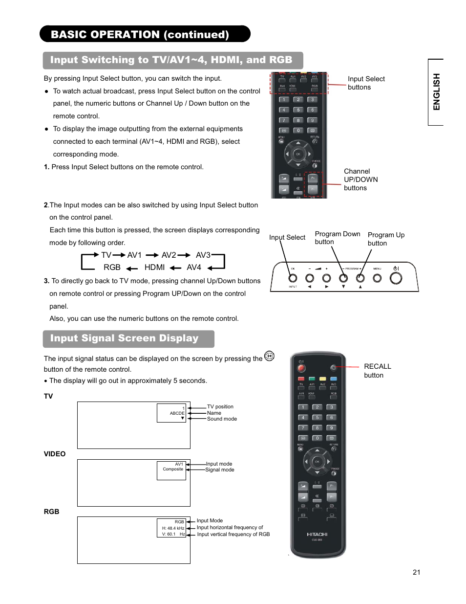 Basic operation (continued), Input switching to tv/av1~4, hdmi, and rgb, Input signal screen display | English | Hitachi 26LD9000TA User Manual | Page 21 / 41