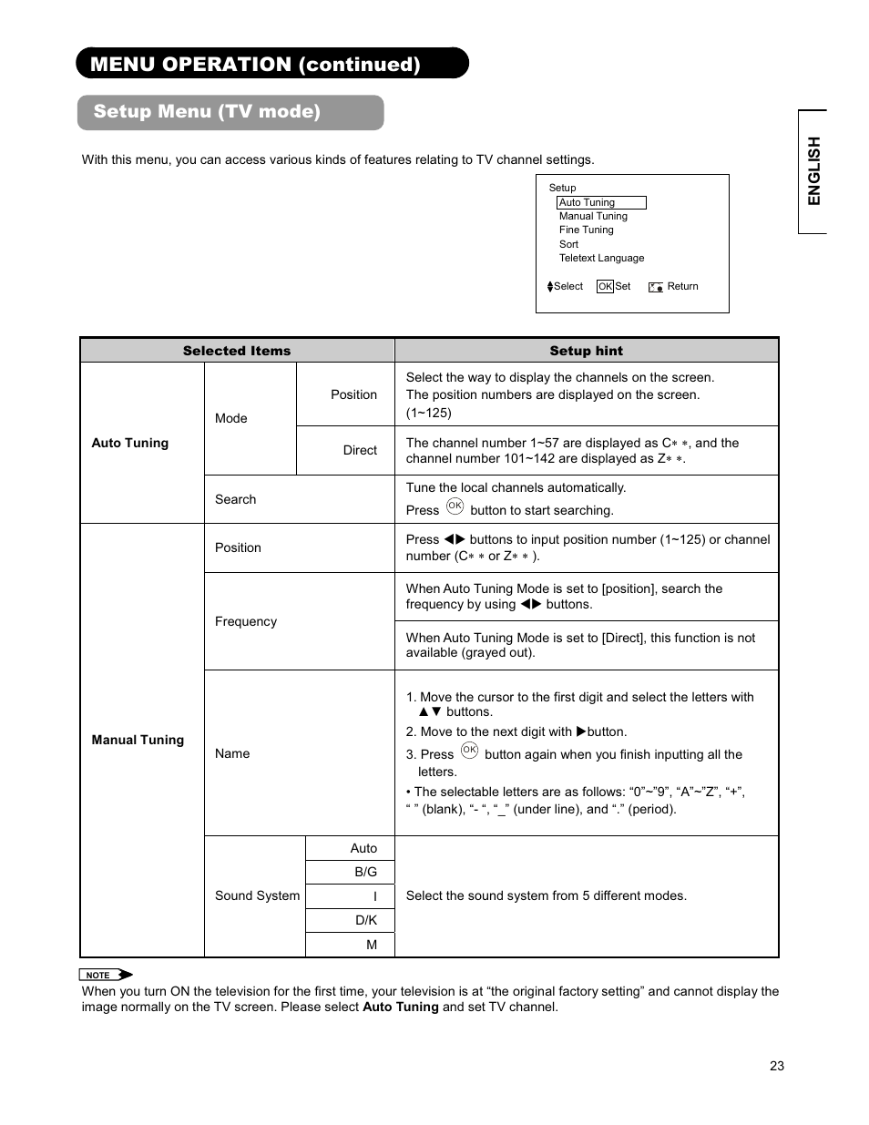 Menu operation (continued), Setup menu (tv mode) | Hitachi 26LD9000TA User Manual | Page 23 / 41