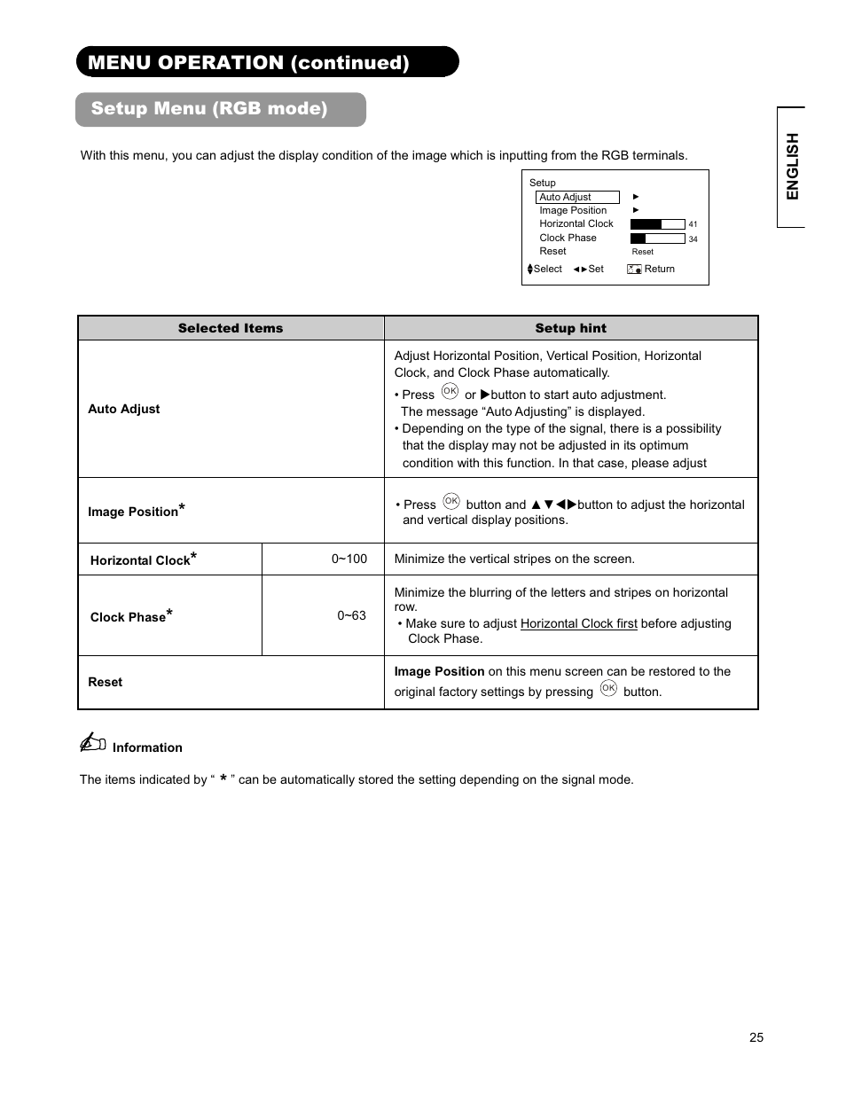 Menu operation (continued), Setup menu (rgb mode) | Hitachi 26LD9000TA User Manual | Page 25 / 41