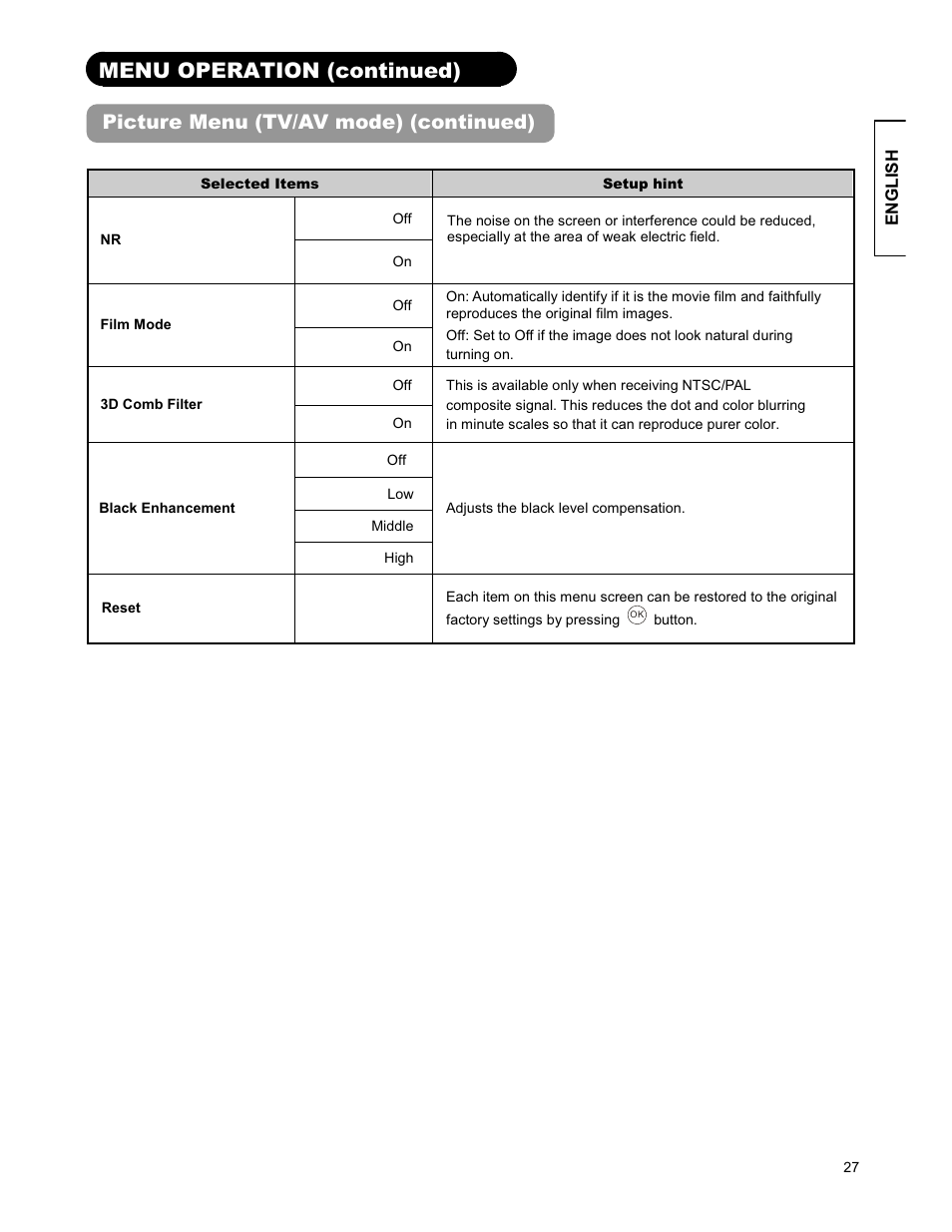 Menu operation (continued), Picture menu (tv/av mode) (continued) | Hitachi 26LD9000TA User Manual | Page 27 / 41