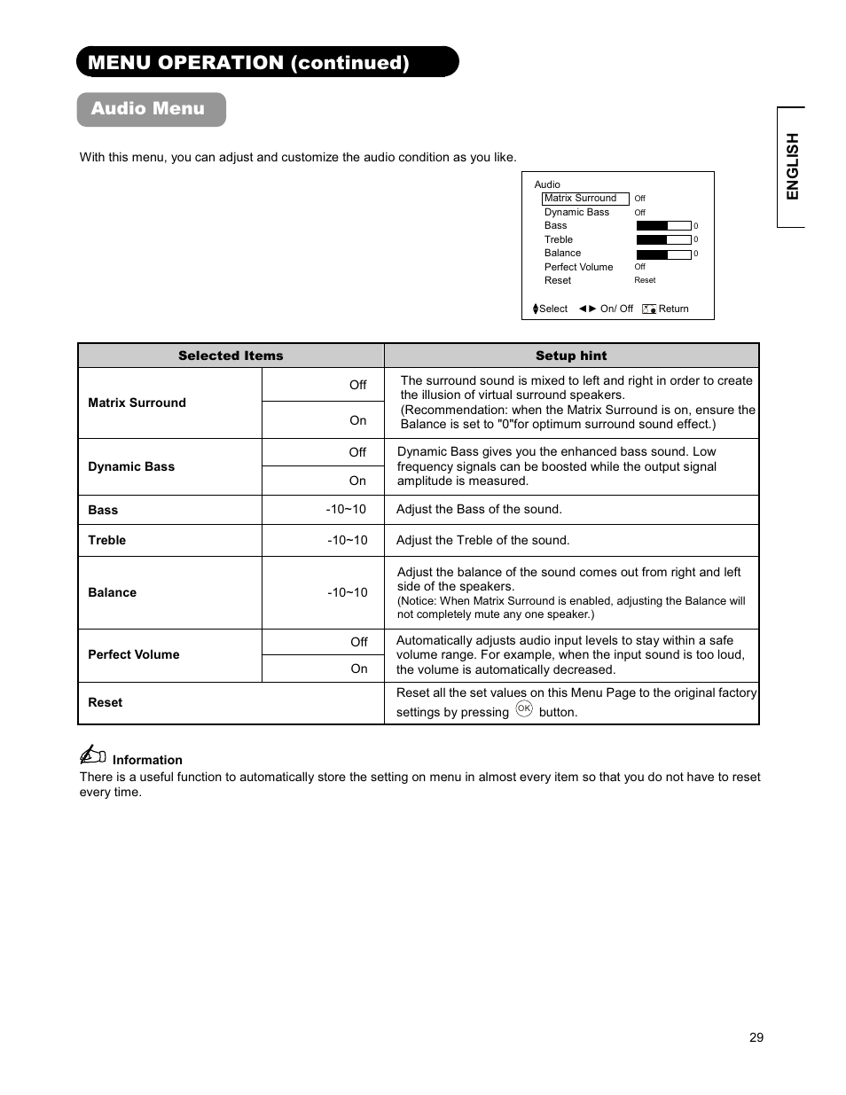 Menu operation (continued), Audio menu, English | Hitachi 26LD9000TA User Manual | Page 29 / 41