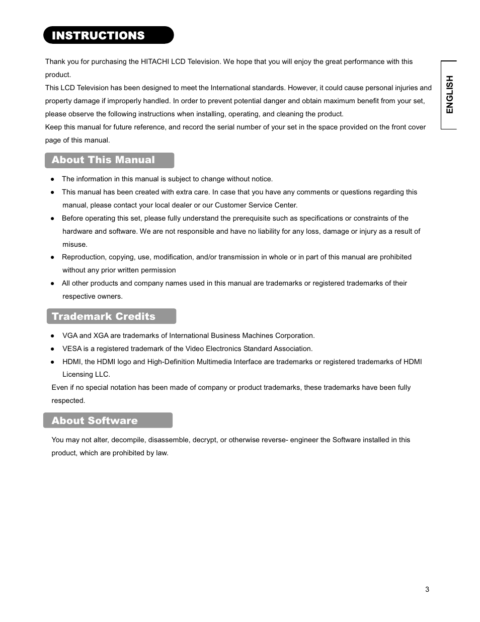 Instructions, About this manual, Trademark credits | About software | Hitachi 26LD9000TA User Manual | Page 3 / 41