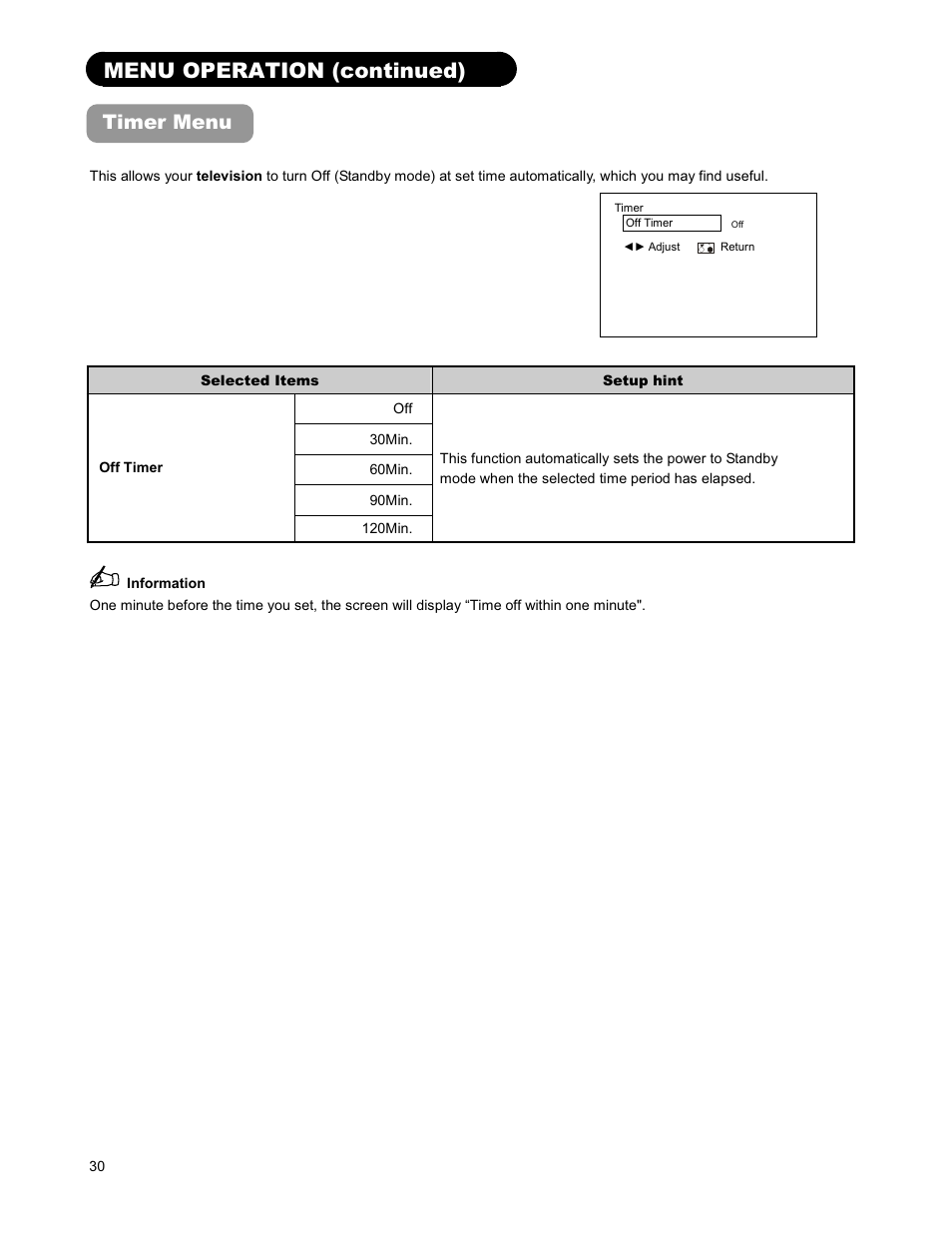 Menu operation (continued), Timer menu | Hitachi 26LD9000TA User Manual | Page 30 / 41