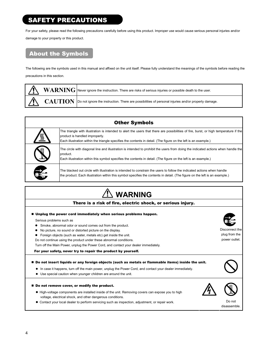 Warning, Caution, Safety precautions | About the symbols, Other symbols | Hitachi 26LD9000TA User Manual | Page 4 / 41